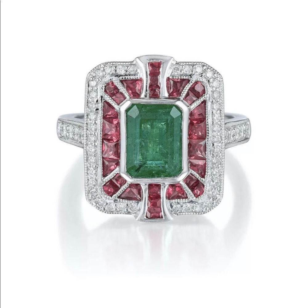 Orianne Platinum Natural Emerald Ruby Diamond Ring